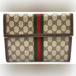 Gucci Beige and Brown Clutch with Red and Green Stripe